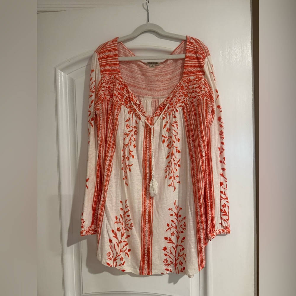 Lucky Brand Orange and White Printed Boho style Top